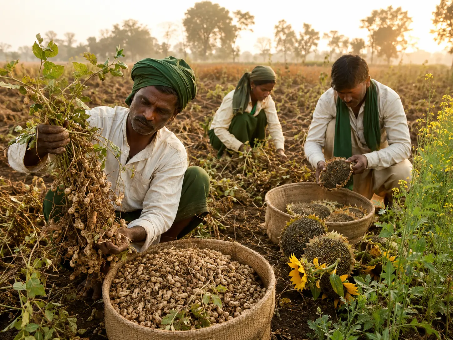 Farmers harvesting mature oilseeds
