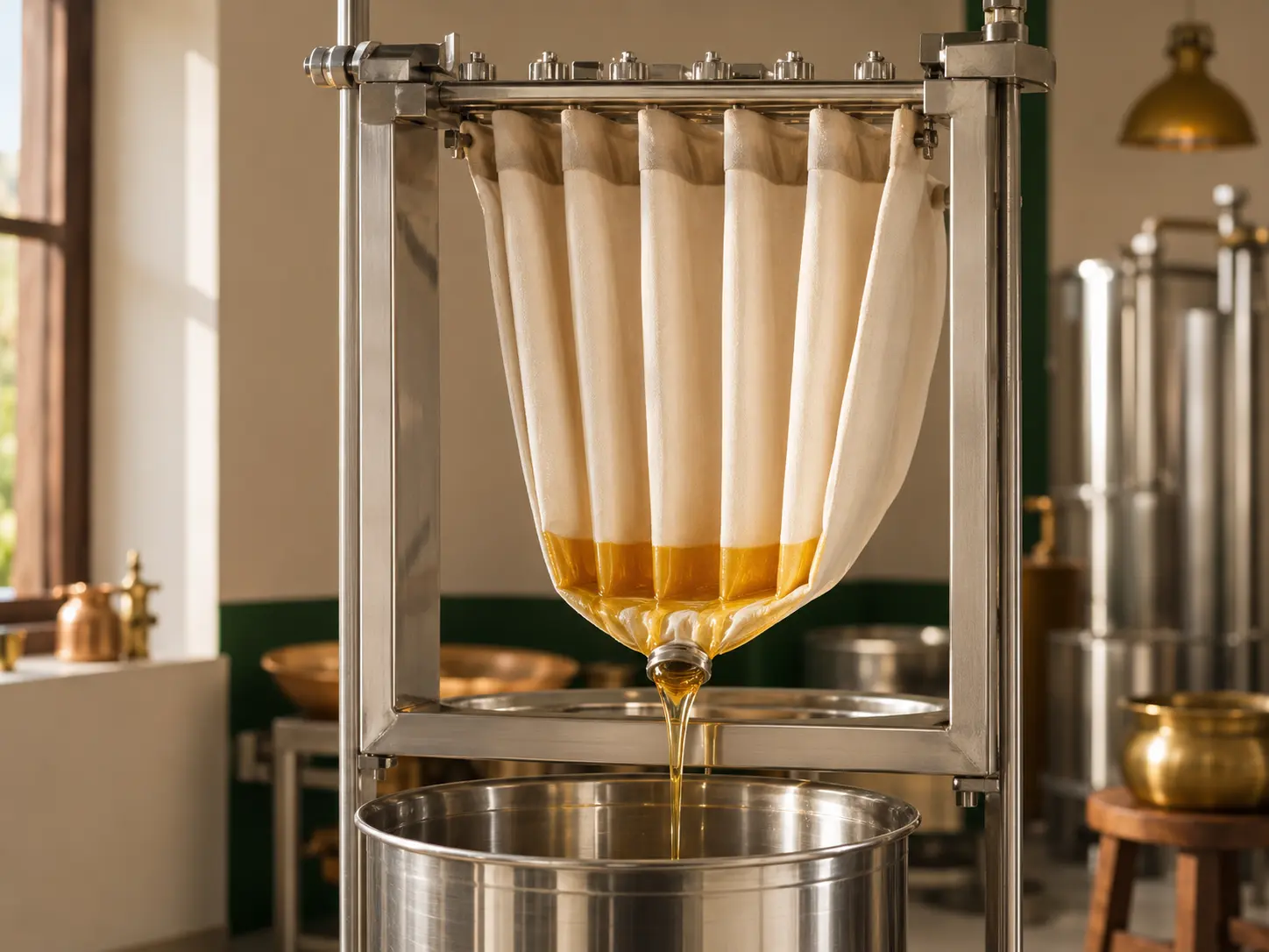Fresh wood-pressed oil undergoing gentle cloth filtration
